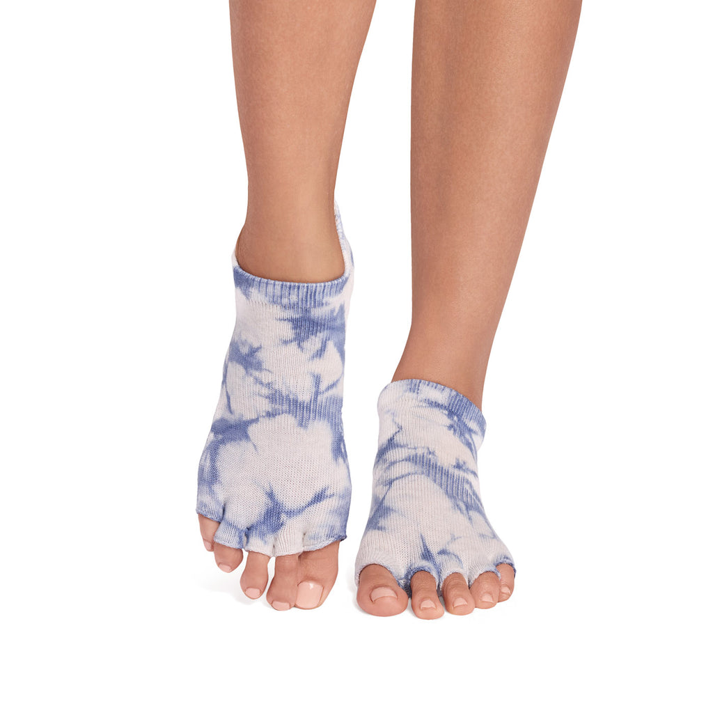 Tie-dye half toe socks worn by a person on a white background