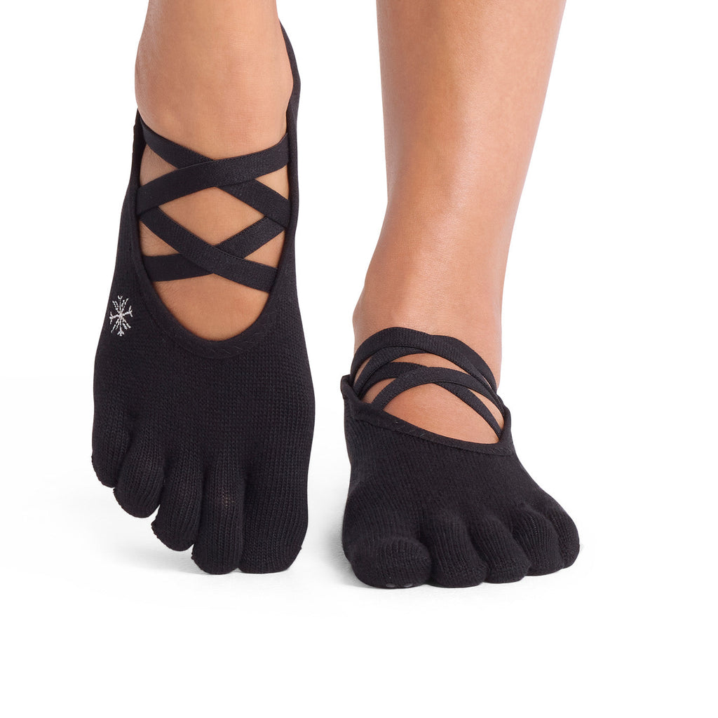 ToeSox Full Toe Elle Grip Socks in Ebony snowflake – worn on feet, front view