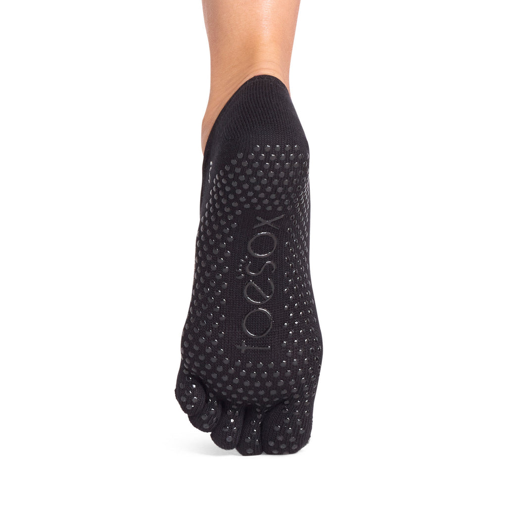ToeSox Full Toe Elle Grip Socks in Ebony snowflake – non-slip grip sole, back view