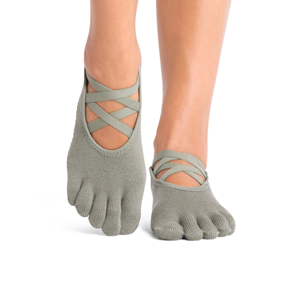 ToeSox Full Toe Elle Grip Socks in Leaf – worn on feet, front view