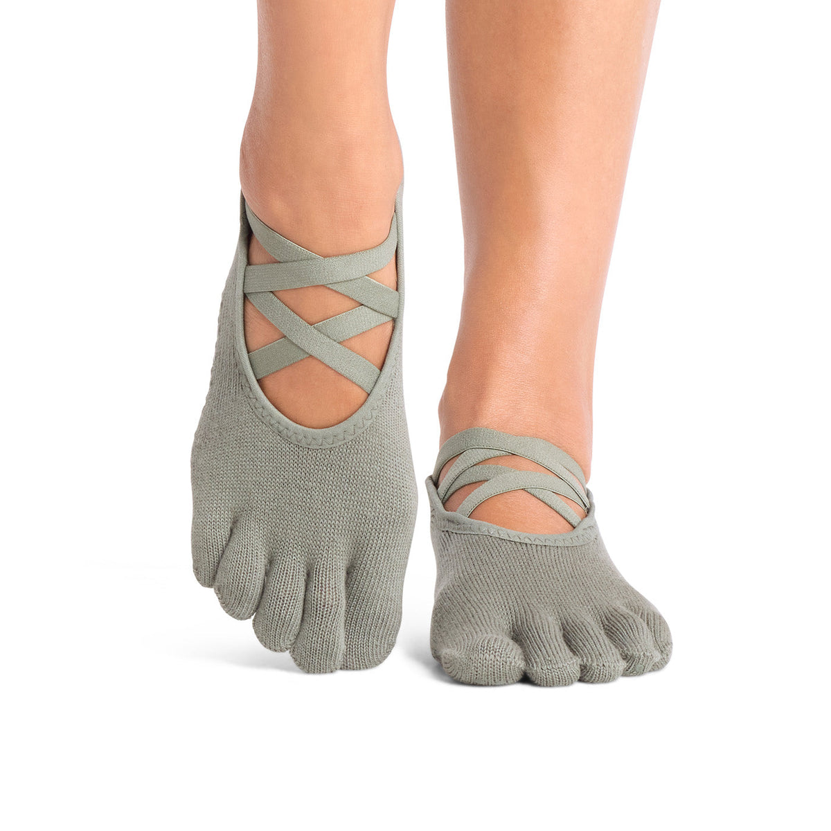ToeSox Full Toe Elle Grip Socks in Leaf – worn on feet, front view