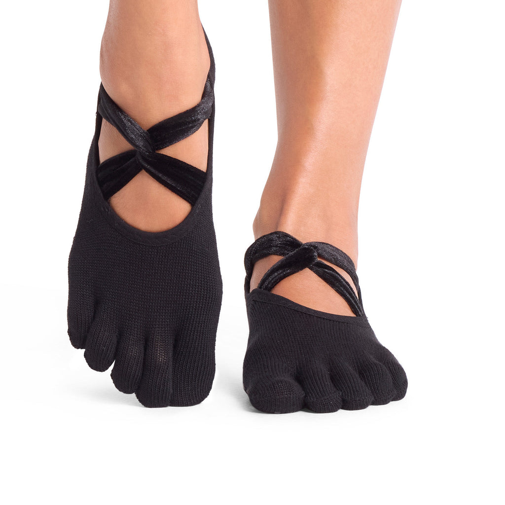 ToeSox Full Toe Ivy Grip Socks in Ebony velvet – worn on feet, front view