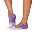 Purple ombre yoga pilates socks with textured sole worn by a person on a white background. grape ombre color.