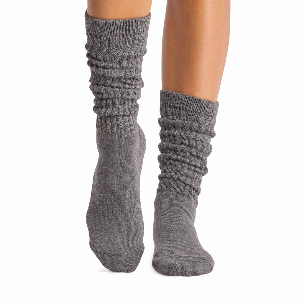 Tavi Grip Stacy Socks in Midnight melange space dye – worn on feet, front view