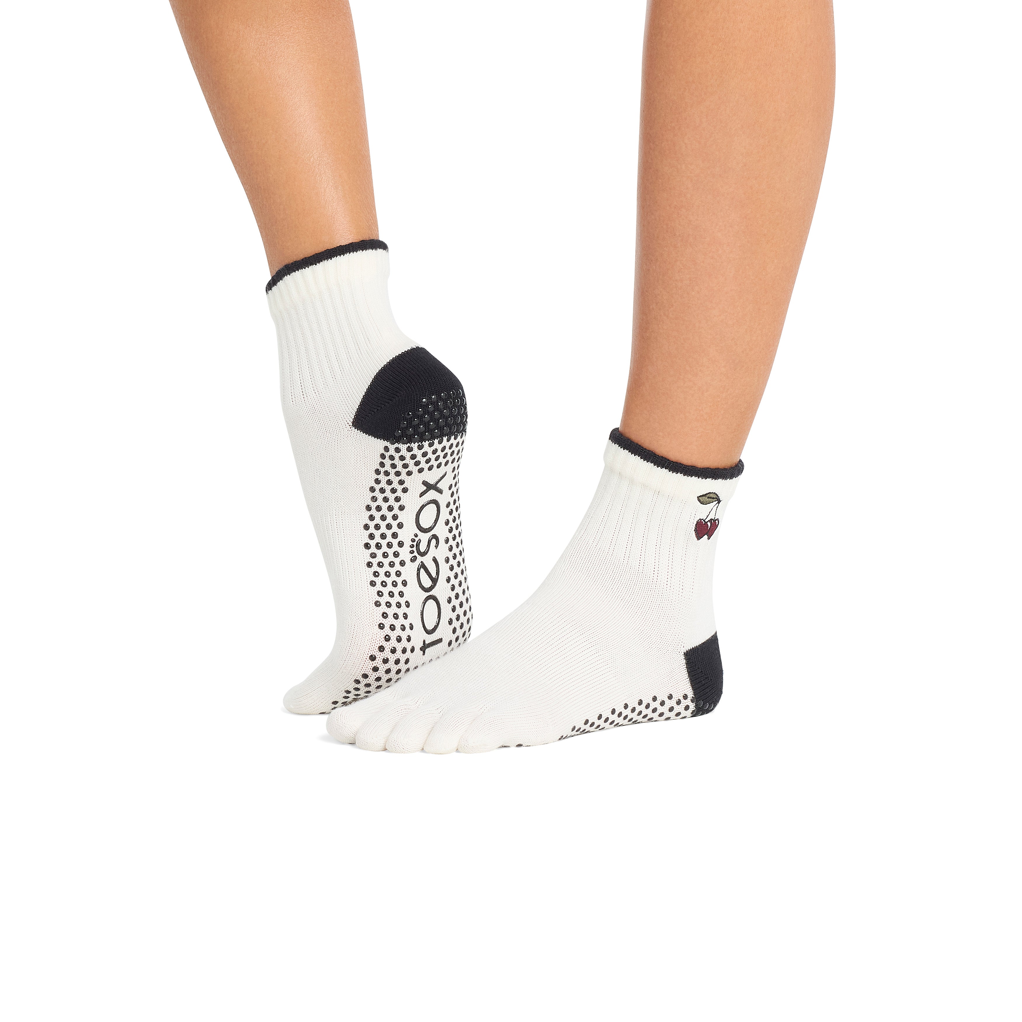 Ankle length five toe grip socks in white with cherry