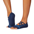 Navy blue yoga socks with non-slip texture on a white background