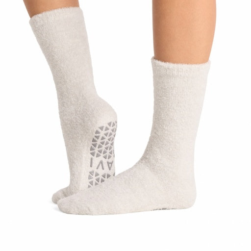 Tavi Grip Lounge Socks in Ash – worn on feet, side view