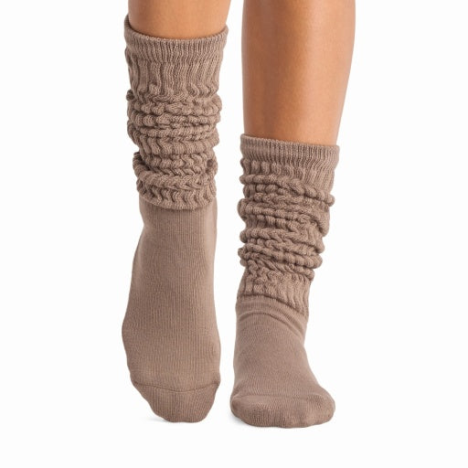 Tavi Grip Stacy Socks in Pebble – worn on feet, front view