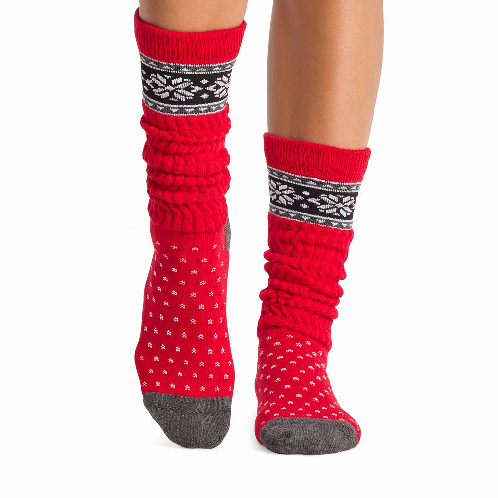 Tavi Grip Stacy Socks in Festive – worn on feet, front view