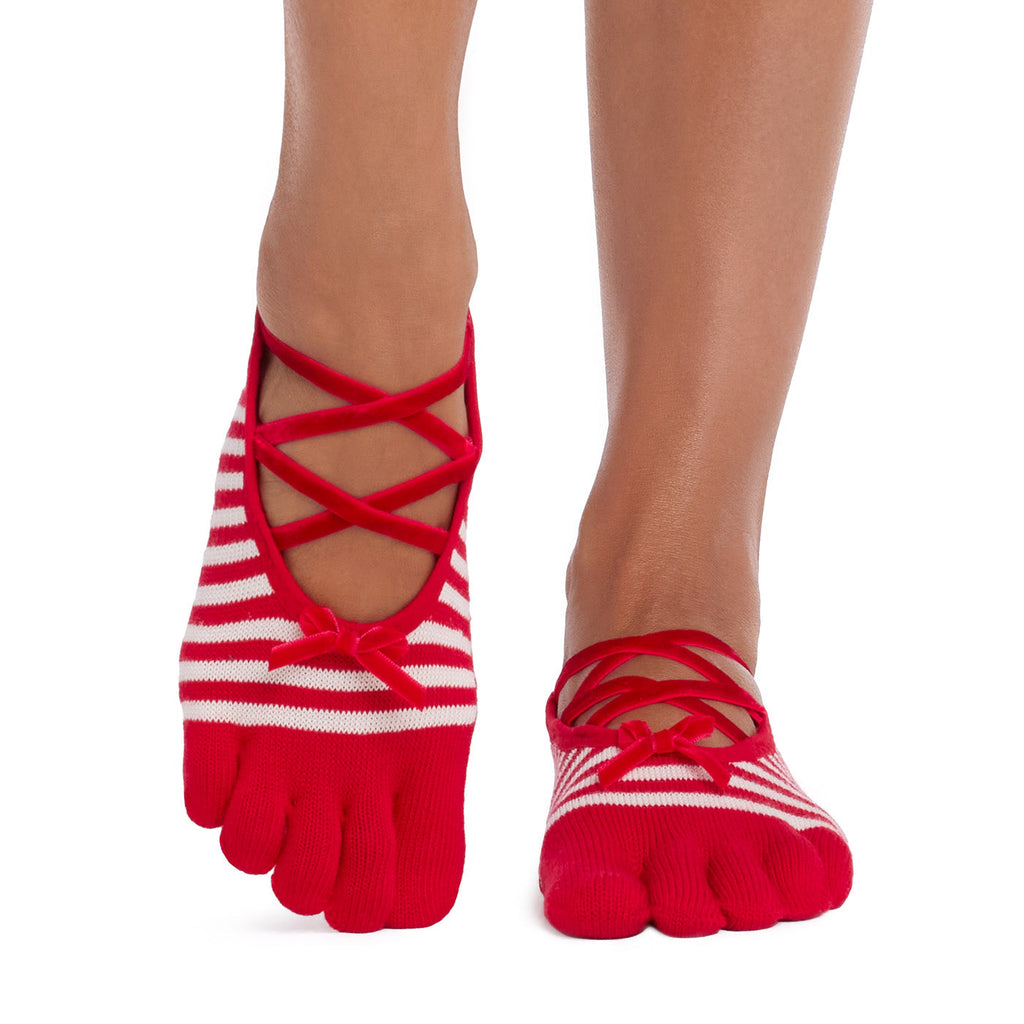 ToeSox Full Toe Elle Grip Socks in Sweet velvet – worn on feet, front view
