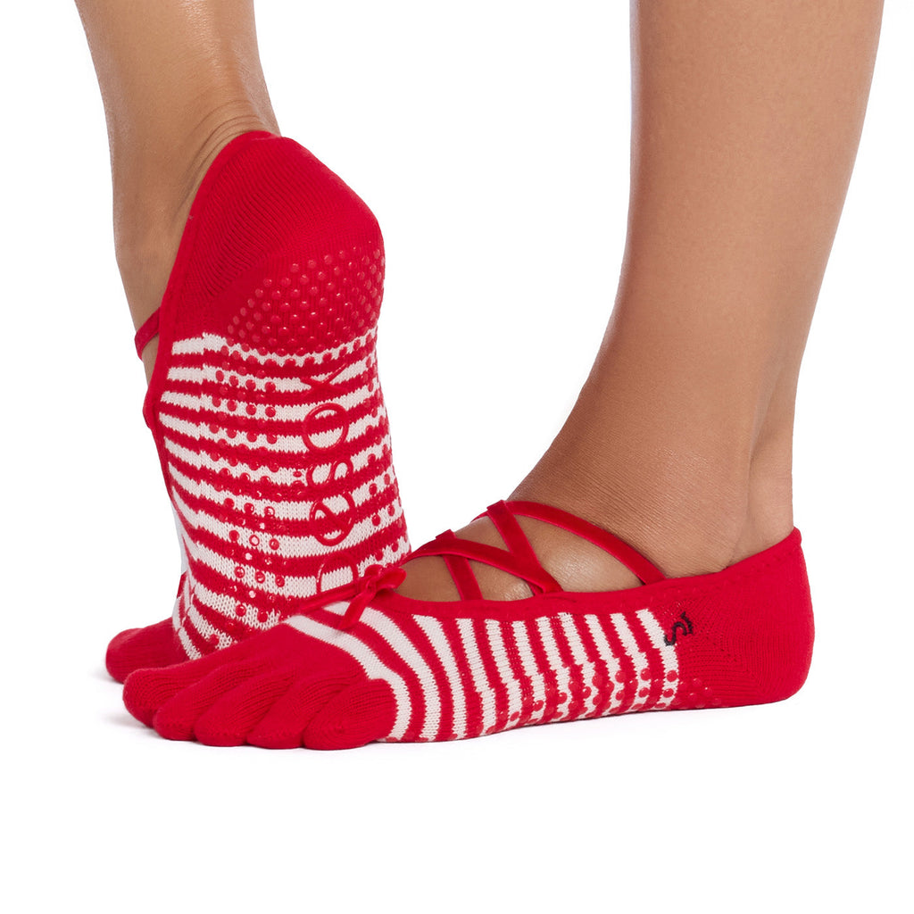ToeSox Full Toe Elle Grip Socks in Sweet velvet – worn on feet, side view