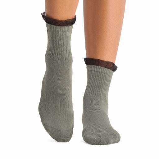 Tavi Grip Aria Tulle Ruffle Socks in Leaf – worn on feet, front view