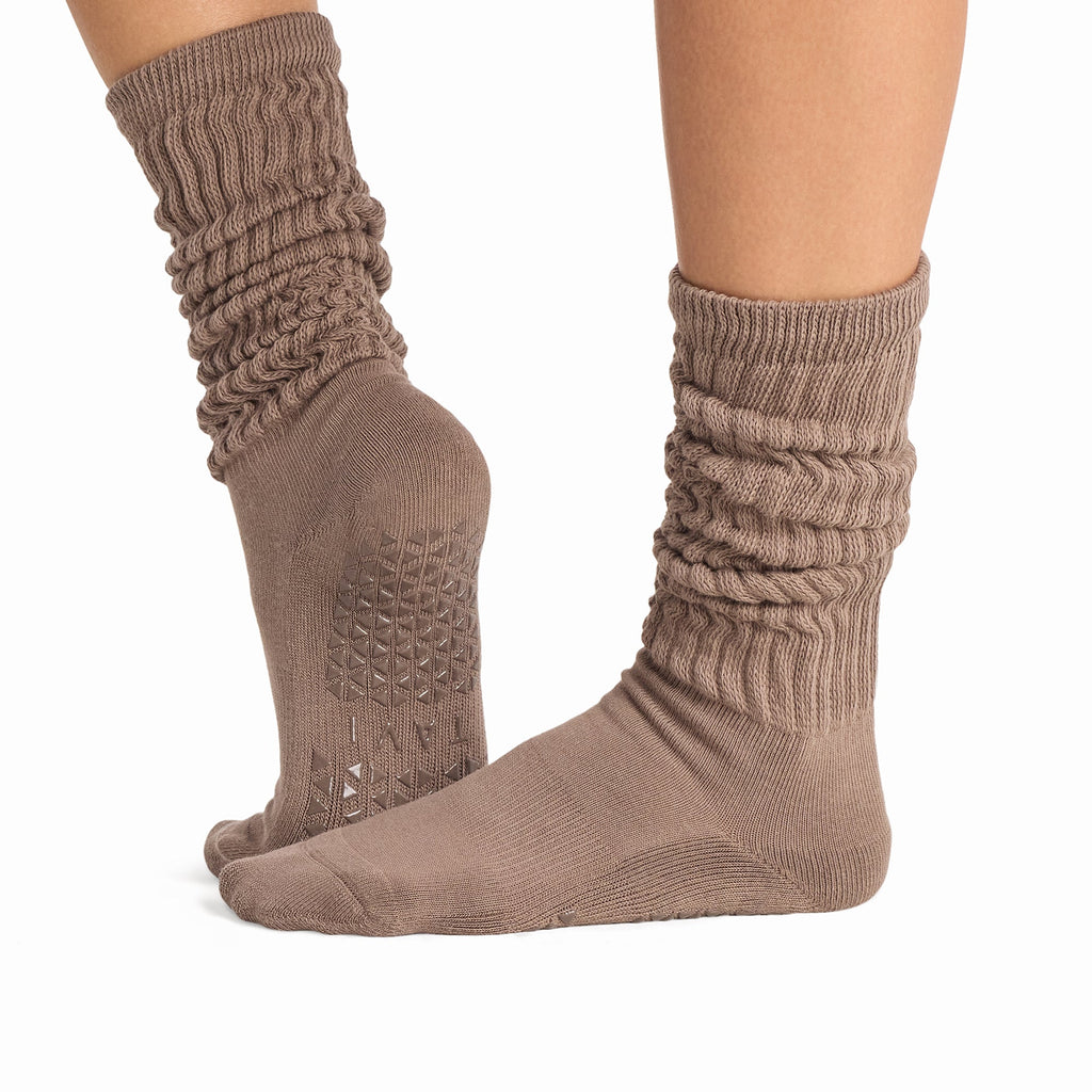 Tavi Grip Stacy Socks in Pebble – worn on feet, side view
