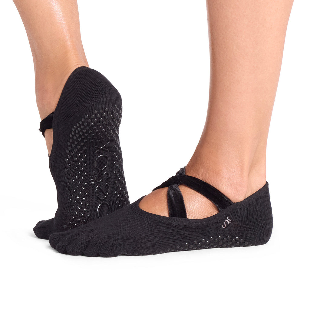 ToeSox Full Toe Ivy Grip Socks in Ebony velvet – worn on feet, side view