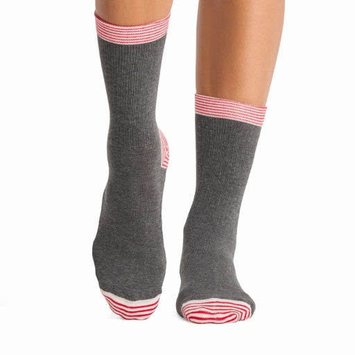 Tavi Grip Kalea Socks in Santa stripe – worn on feet, front view