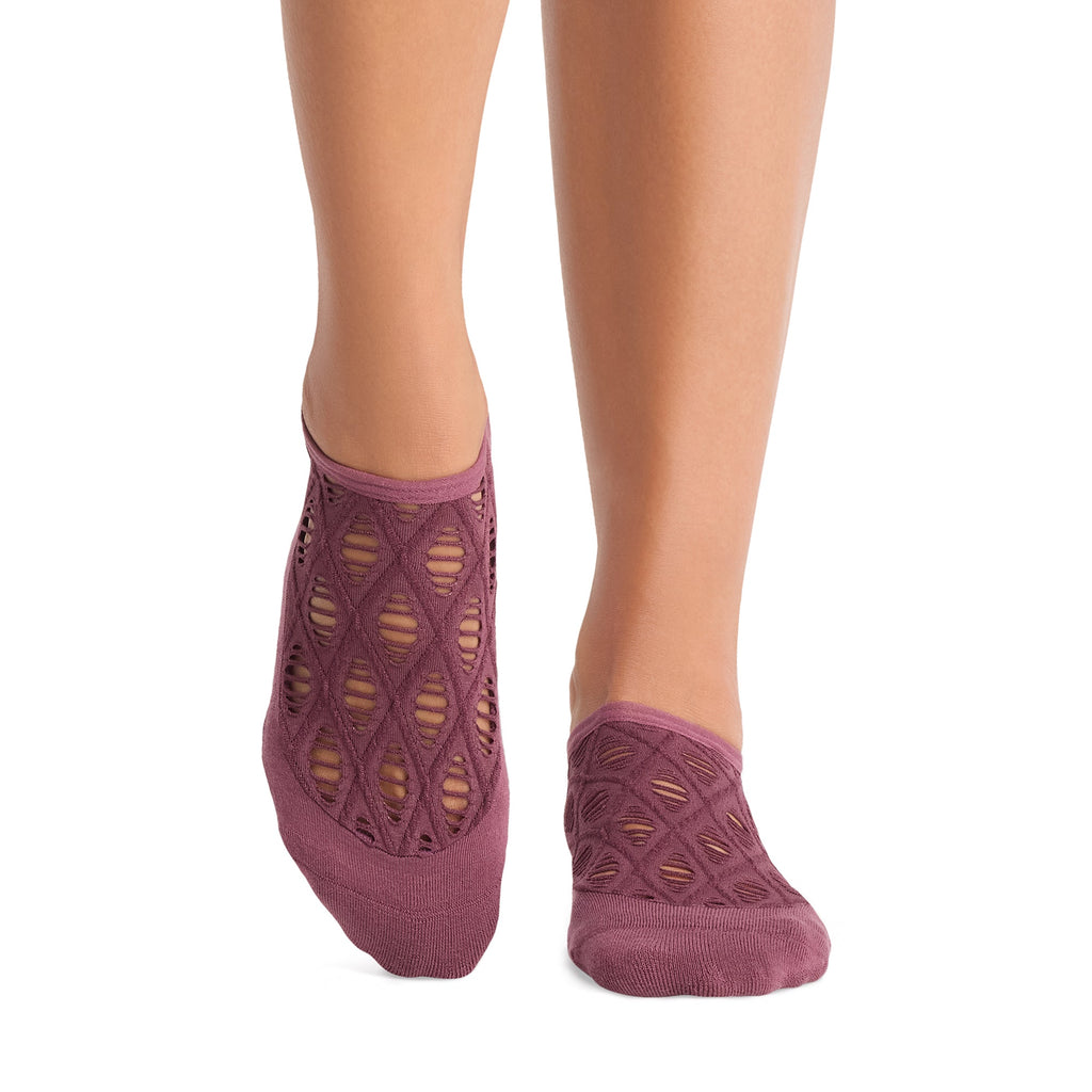 Tavi Grip Maddie Socks in Bordeaux – worn on feet, front view