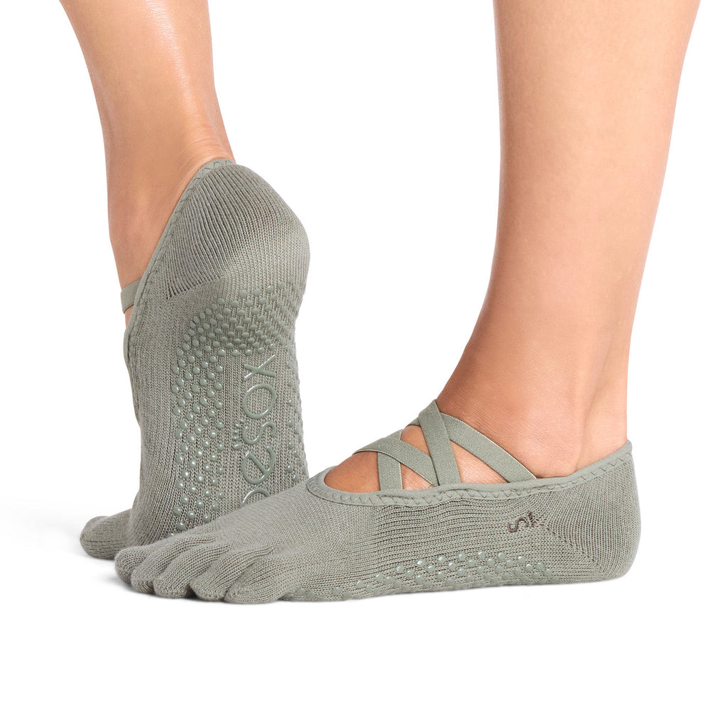 ToeSox Full Toe Elle Grip Socks in Leaf – worn on feet, side view