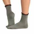 Tavi Grip Aria Tulle Ruffle Socks in Leaf – worn on feet, side view
