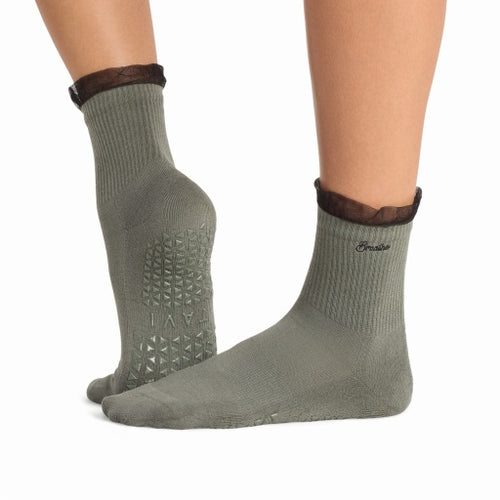 Tavi Grip Aria Tulle Ruffle Socks in Leaf – worn on feet, side view