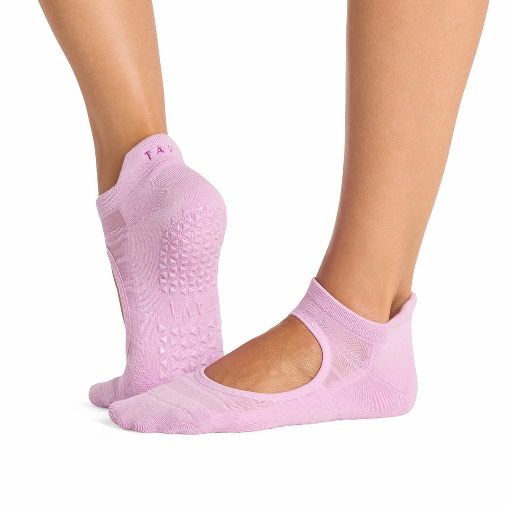 Tavi Grip Emma Breeze Socks in Moonlit lilac – worn on feet, side view