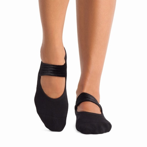 Tavi Grip Lola Socks in Ebony velvet – worn on feet, front view