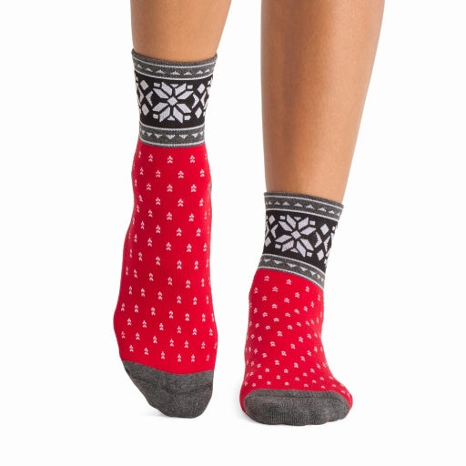 Tavi Grip Aria Stripe Socks in Festive – worn on feet, front view