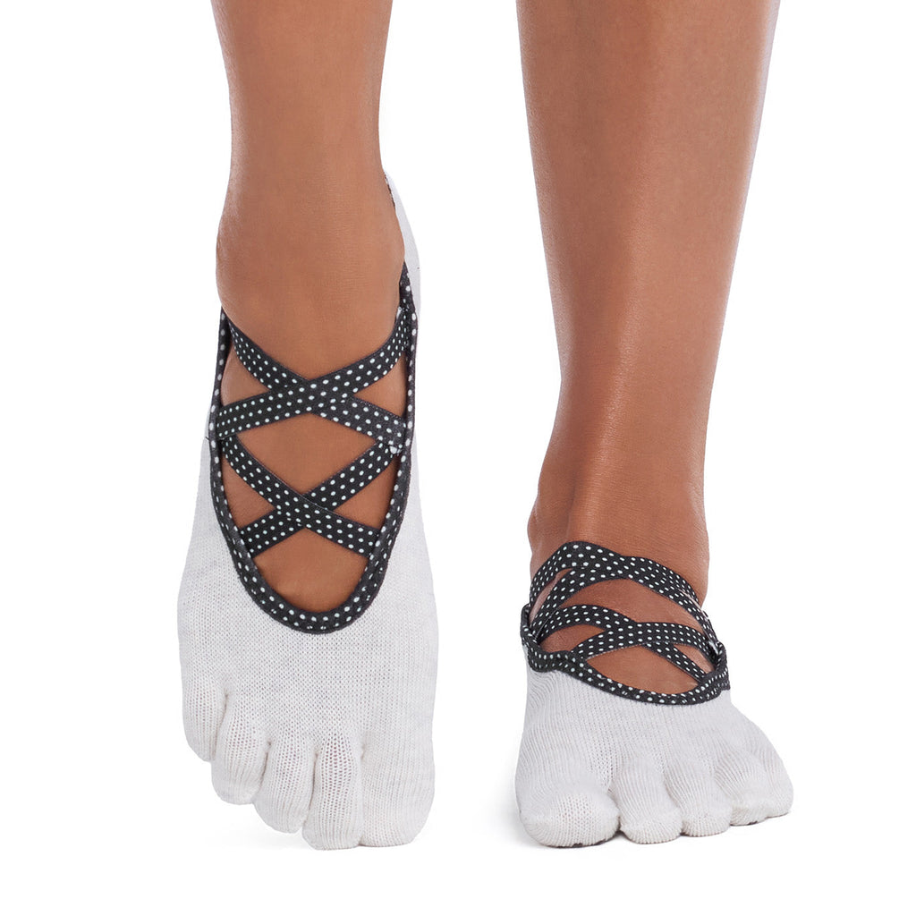 ToeSox Full Toe Elle Grip Socks in Ash polka dots – worn on feet, front view