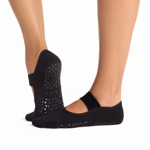 Tavi Grip Lola Socks in Ebony velvet – worn on feet, side view