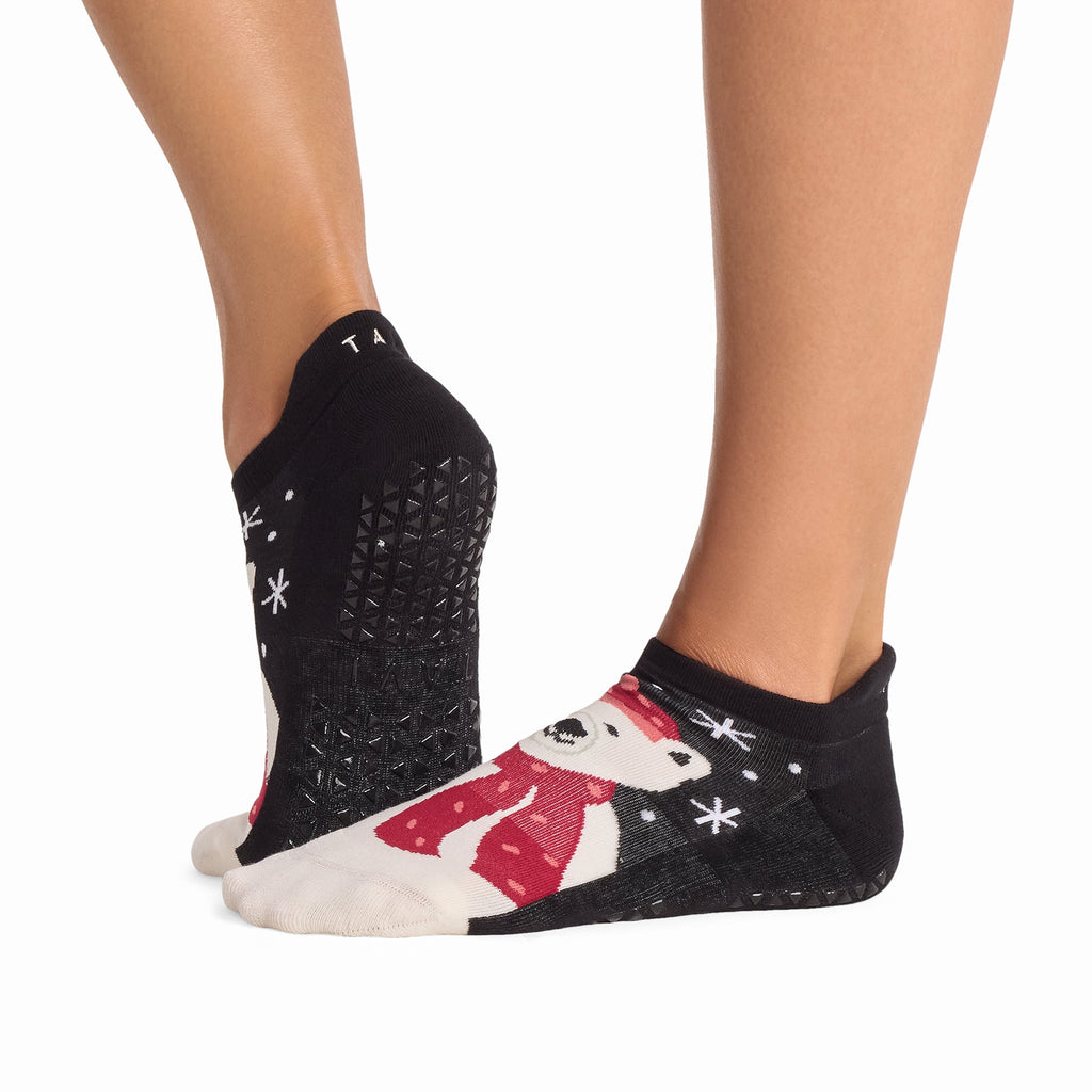 Tavi Grip Savvy Socks in Cozy bear – worn on feet, side view