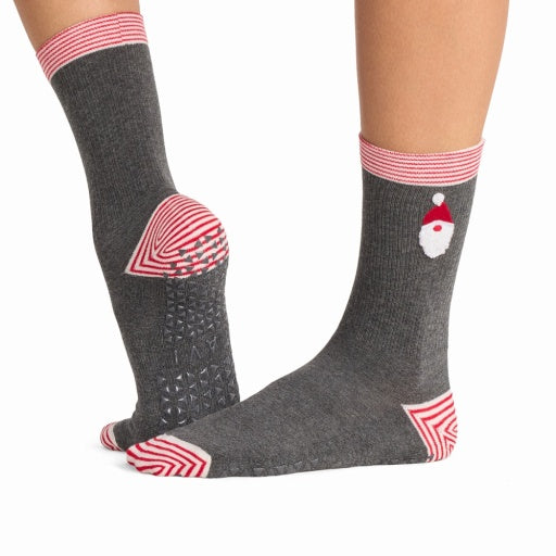 Tavi Grip Kalea Socks in Santa stripe – worn on feet, side view