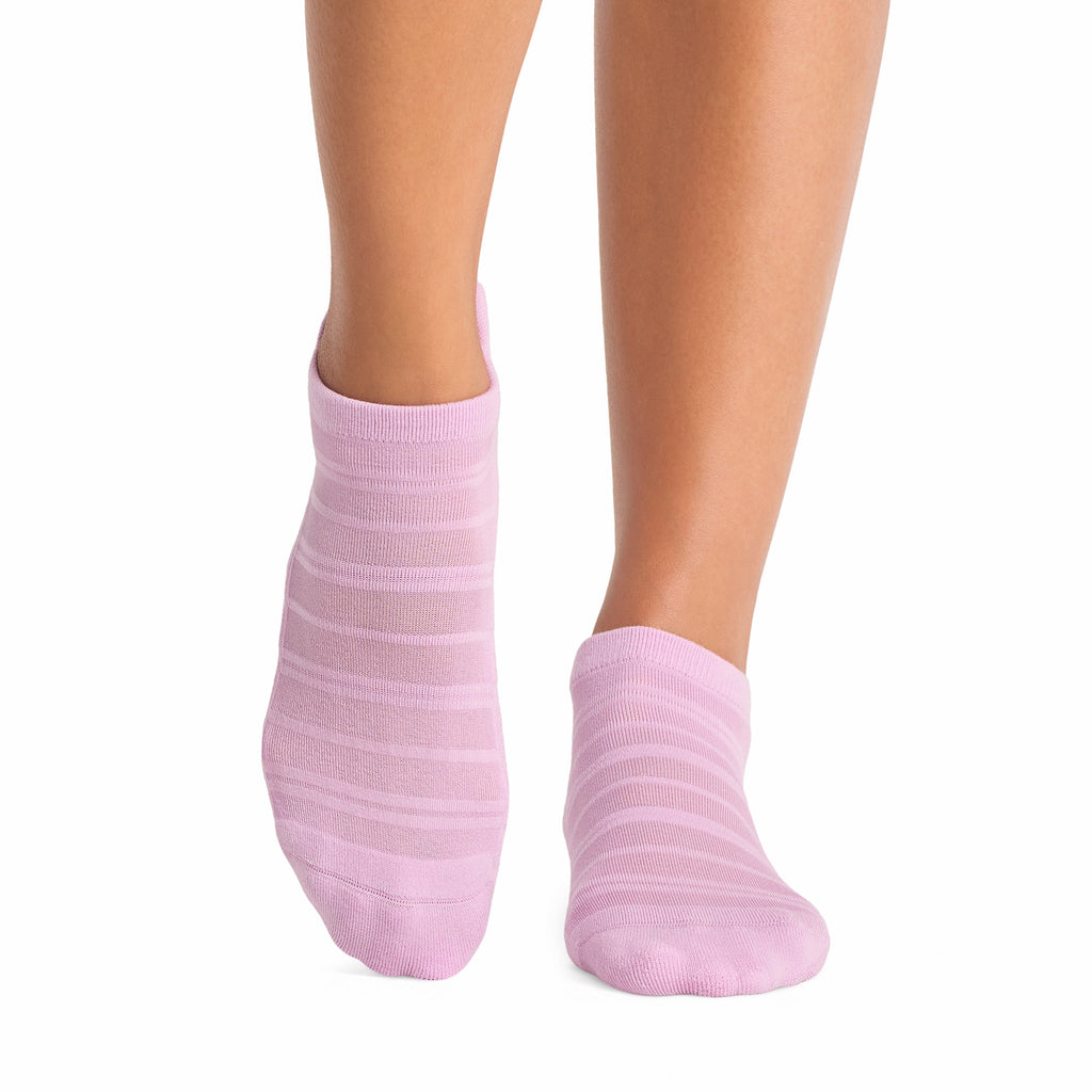 Tavi Grip Savvy Breeze Socks in Moonlit lilac – worn on feet, front view