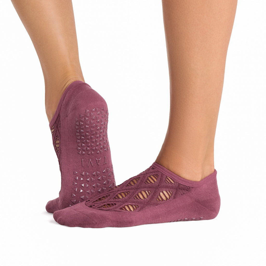 Tavi Grip Maddie Socks in Bordeaux – worn on feet, side view