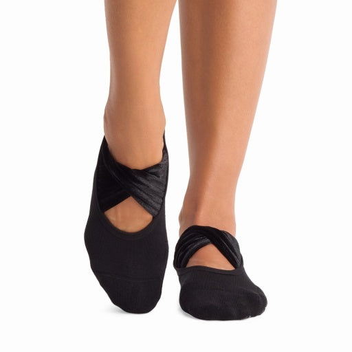 Tavi Grip Penny Socks in Ebony velvet – worn on feet, front view