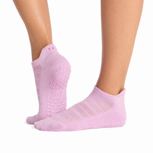 Tavi Grip Savvy Breeze Socks in Moonlit lilac – worn on feet, side view