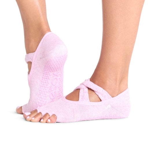 ToeSox Half Toe Ivy Grip Socks in Rosy Melange – worn on feet, side view