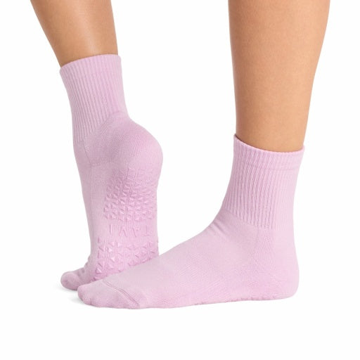 Tavi Grip Aria Stripe Socks in Moonlit lilac – worn on feet, side view