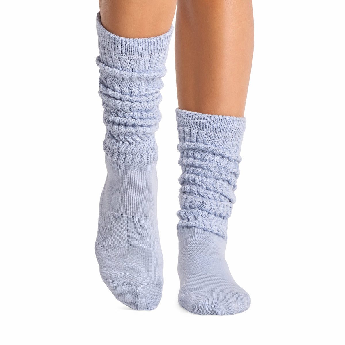 Tavi Grip Stacy Socks in Sky spell – worn on feet, front view