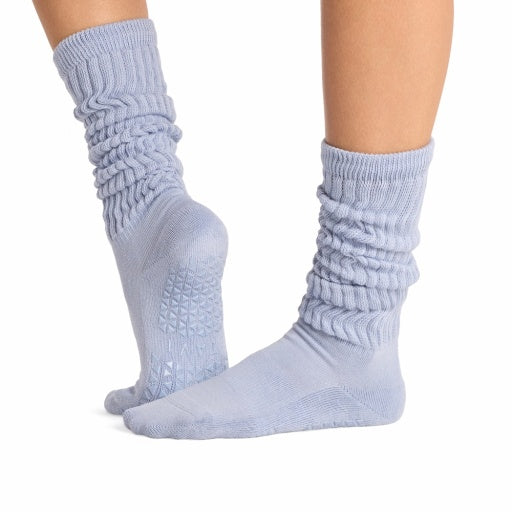 Tavi Grip Stacy Socks in Sky spell – worn on feet, side view