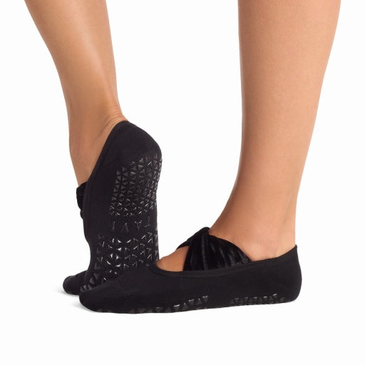 Tavi Grip Penny Socks in Ebony velvet – worn on feet, side view