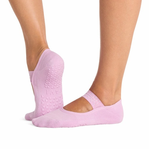 Tavi Grip Lola Socks in Moonlit lilac – worn on feet, side view