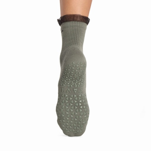 Tavi Grip Aria Tulle Ruffle Socks in Leaf – non-slip grip sole, back view