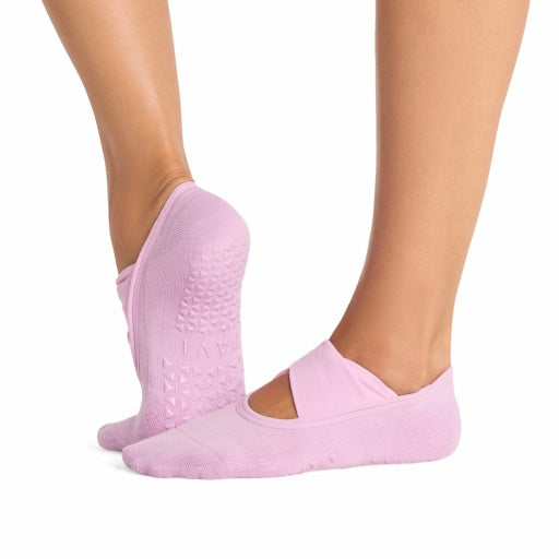 Tavi Grip Penny Socks in Moonlit lilac – worn on feet, side view